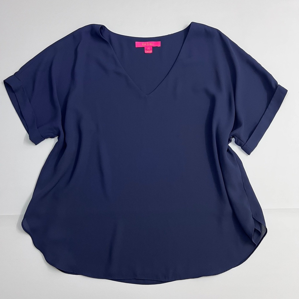 Lilly Pulitzer Casden Top Navy Blue Small V-Neck Boxy Crepe Cuffed Sleeve Blouse